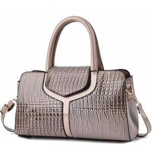 Women's Grey Faux Leather Retro Top handle Crocodile Crossbody Satchel Bag